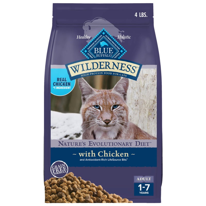 Blue Buffalo Wilderness Nature's Evolutionary Diet High-Protein, Grain-Free Natural Dry Food for Adult Cats, Chicken, 4-lb. Bag - Image 1