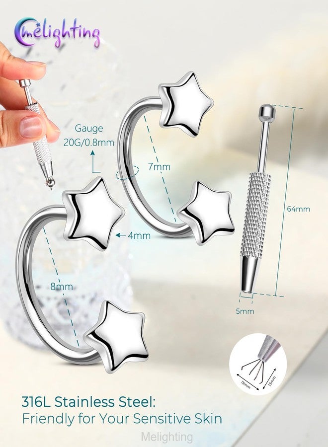 Melighting 20G Horseshoe Nose Ring Hoop 316L Stainless Steel, Threadless Nose Piercing with Piercing Taper Ball Grabber Tool Set, Star Septum Lip Helix Daith Piercing Jewelry for Women 7 mm - Image 3