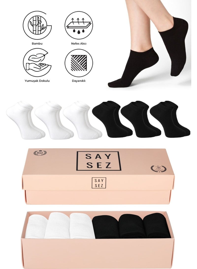 Saysez Bamboo Women's Booties Plain Multicolored Socks Seamless Premium Boxed 6-Piece (3 White - 3 Black)  - Image 4