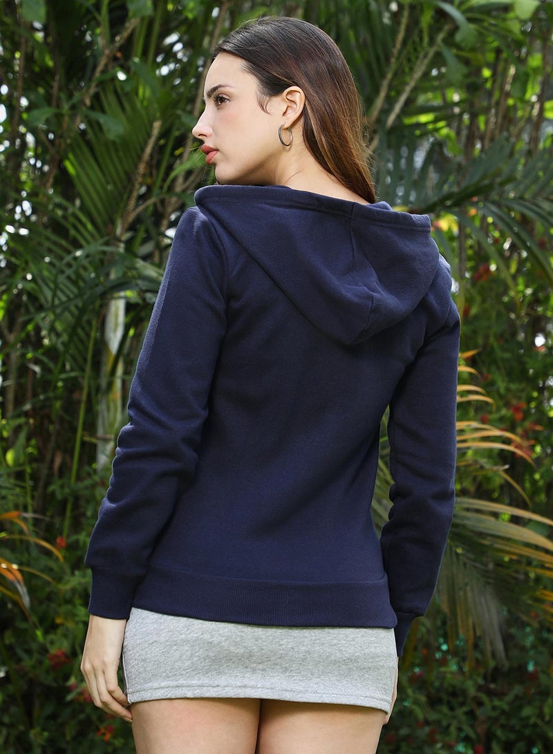 Campus Sutra Women's Navy Blue Solid Zip-Front Hoodie - Image 5