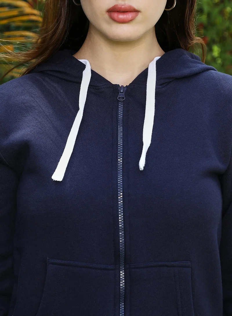 Campus Sutra  Women's Navy Blue Solid Zip-Front Hoodie for Women | Best Price UAE
