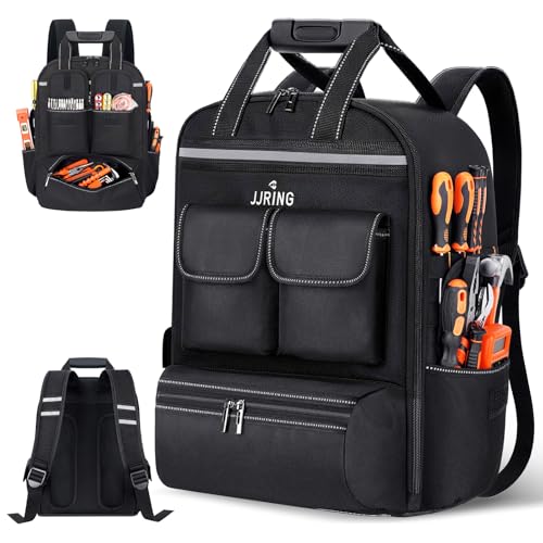 Jjring Tool Bag Backpack For Men With 18 Tool Pockets HeavyDuty Tool Storage Organizer Bag With Padded Shoulder Waist Support Multi Pouch Pockets bag For Contractor Plumbers HVAC TechsBlack - Image 1