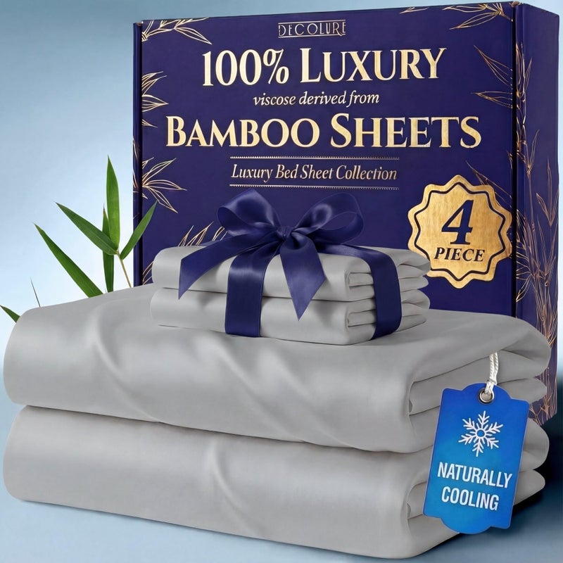 DECOLURE 100% Viscose Derived from Bamboo Sheets King Size - Luxury 4 Pc Naturally Cooling Sheets, Ultra Soft Bed Set - Deep 17" Pockets, Durable Double Stitching, Oeko Tex Standard (Light Grey) - Image 1