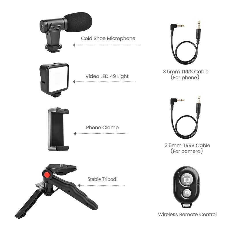 TPZ Tripod Smartphone Camera Video Kit,Mini Tripod With Shotgun Podcast Microphone,Phone Holder,Led Light For Youtube Video,Vlog,Photography Reel Maker Kit With Light&Tripod,Black,Pack of 1 - Image 2