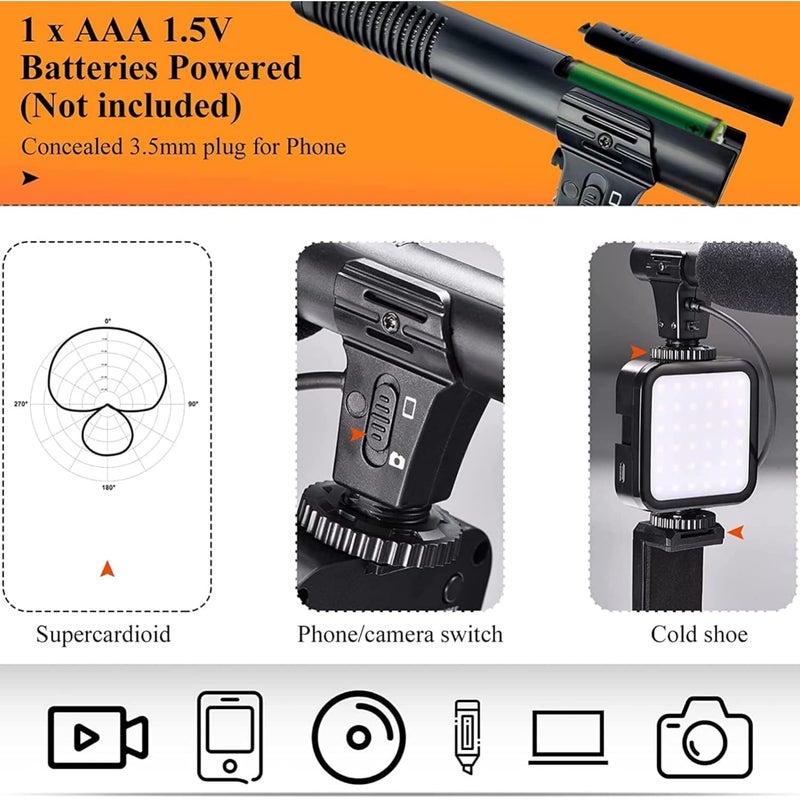TPZ Tripod Smartphone Camera Video Kit,Mini Tripod With Shotgun Podcast Microphone,Phone Holder,Led Light For Youtube Video,Vlog,Photography Reel Maker Kit With Light&Tripod,Black,Pack of 1 - Image 4