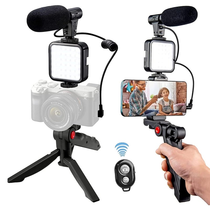 TPZ Tripod Smartphone Camera Video Kit,Mini Tripod With Shotgun Podcast Microphone,Phone Holder,Led Light For Youtube Video,Vlog,Photography Reel Maker Kit With Light&Tripod,Black,Pack of 1 - Image 1