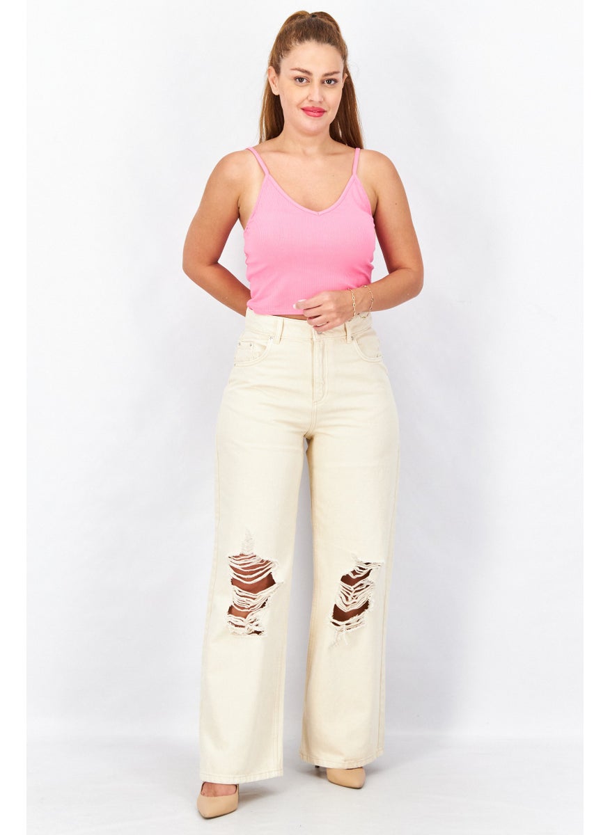 Don't Call Me Jennyfer - Women Regular Fit Rip No Stretch Jeans, Beige - Image 1