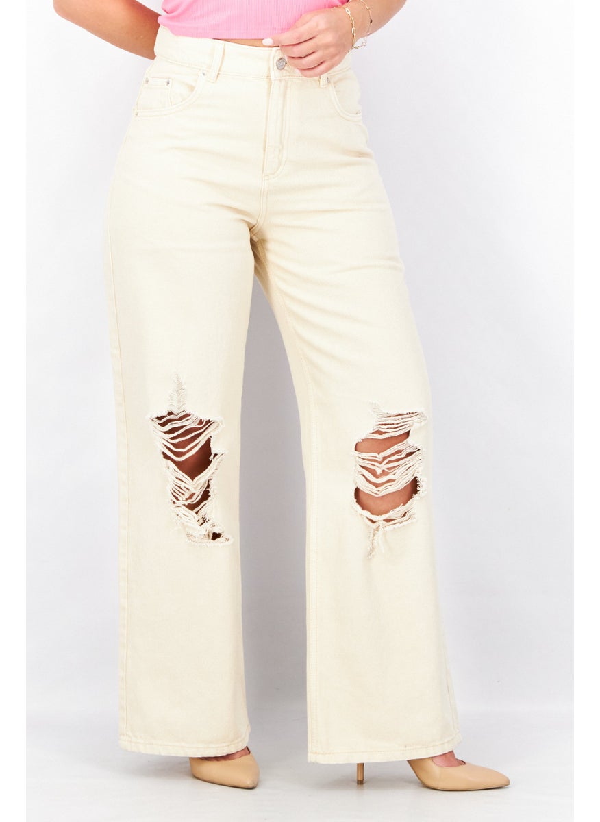 Don't Call Me Jennyfer - Women Regular Fit Rip No Stretch Jeans, Beige - Image 1