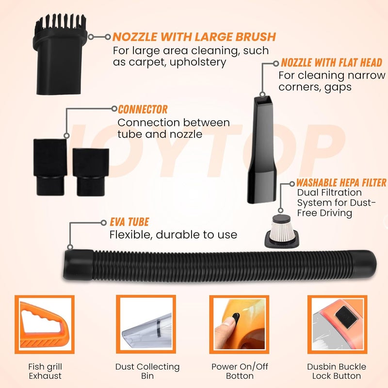 JAYTOP Vacuum Cleaner for Car Use | High Power Car Vaccum Cleaner | 120W Portable Handheld Vacuum for Car | Wet & Dry Dual Use | Strong Suction, HEPA Filter, 12V DC Corded Auto Cleaner | Orange - Image 3