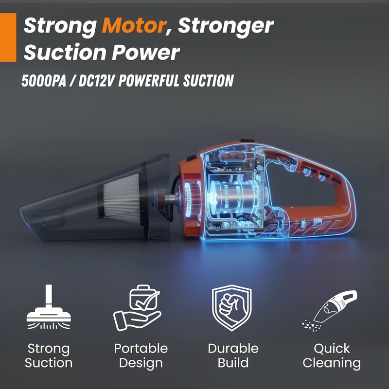 JAYTOP Vacuum Cleaner for Car Use | High Power Car Vaccum Cleaner | 120W Portable Handheld Vacuum for Car | Wet & Dry Dual Use | Strong Suction, HEPA Filter, 12V DC Corded Auto Cleaner | Orange - Image 2