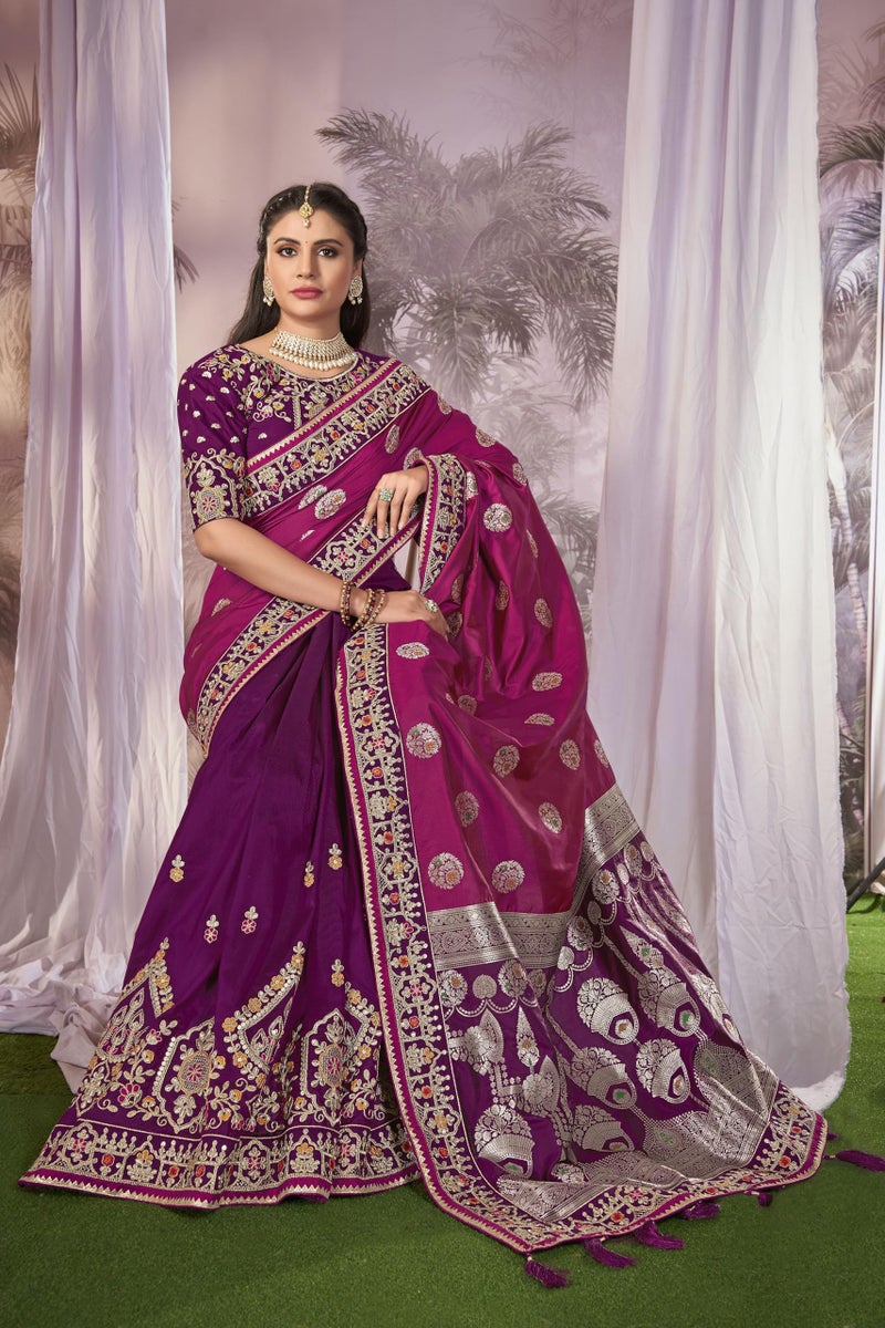 MANOHARI Banarasi Silk Traditional Hlaf & Half Purple saree for women with Unstitch Heavy Blouse Piece-1874-1 - Image 5
