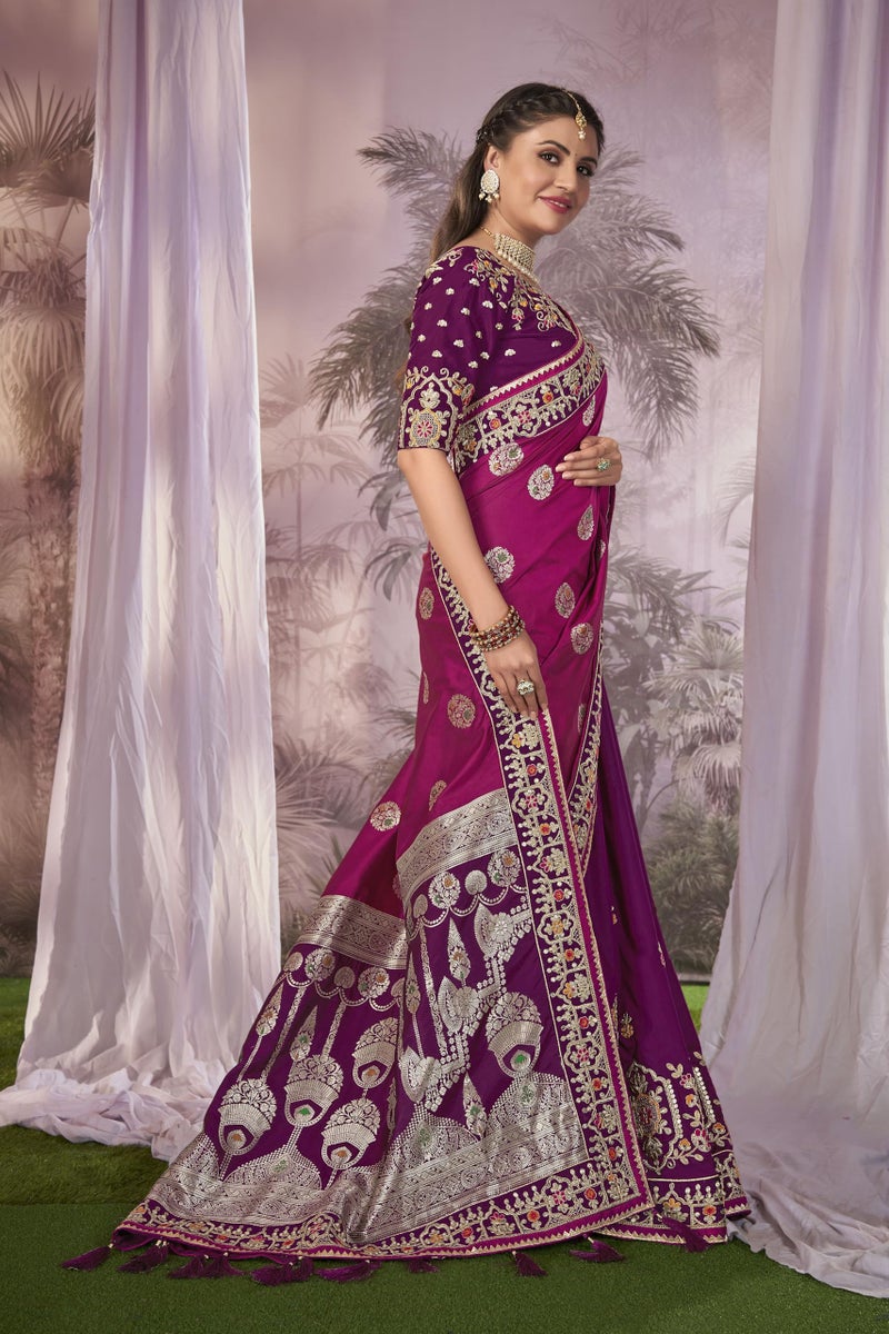 MANOHARI Banarasi Silk Traditional Hlaf & Half Purple saree for women with Unstitch Heavy Blouse Piece-1874-1 - Image 4