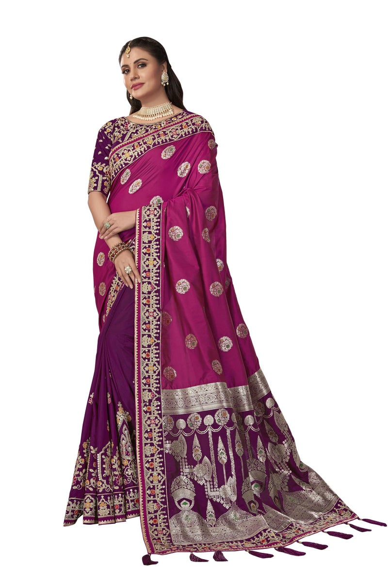 MANOHARI Banarasi Silk Traditional Hlaf & Half Purple saree for women with Unstitch Heavy Blouse Piece-1874-1 - Image 1