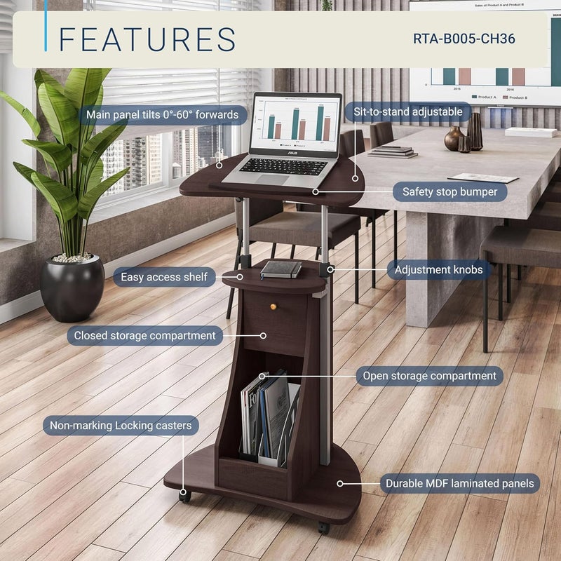 Techni Mobili Sit-to-Stand Rolling Adjustable Storage Medical Laptop Computer Cart, Chocolate, B005 - Image 3