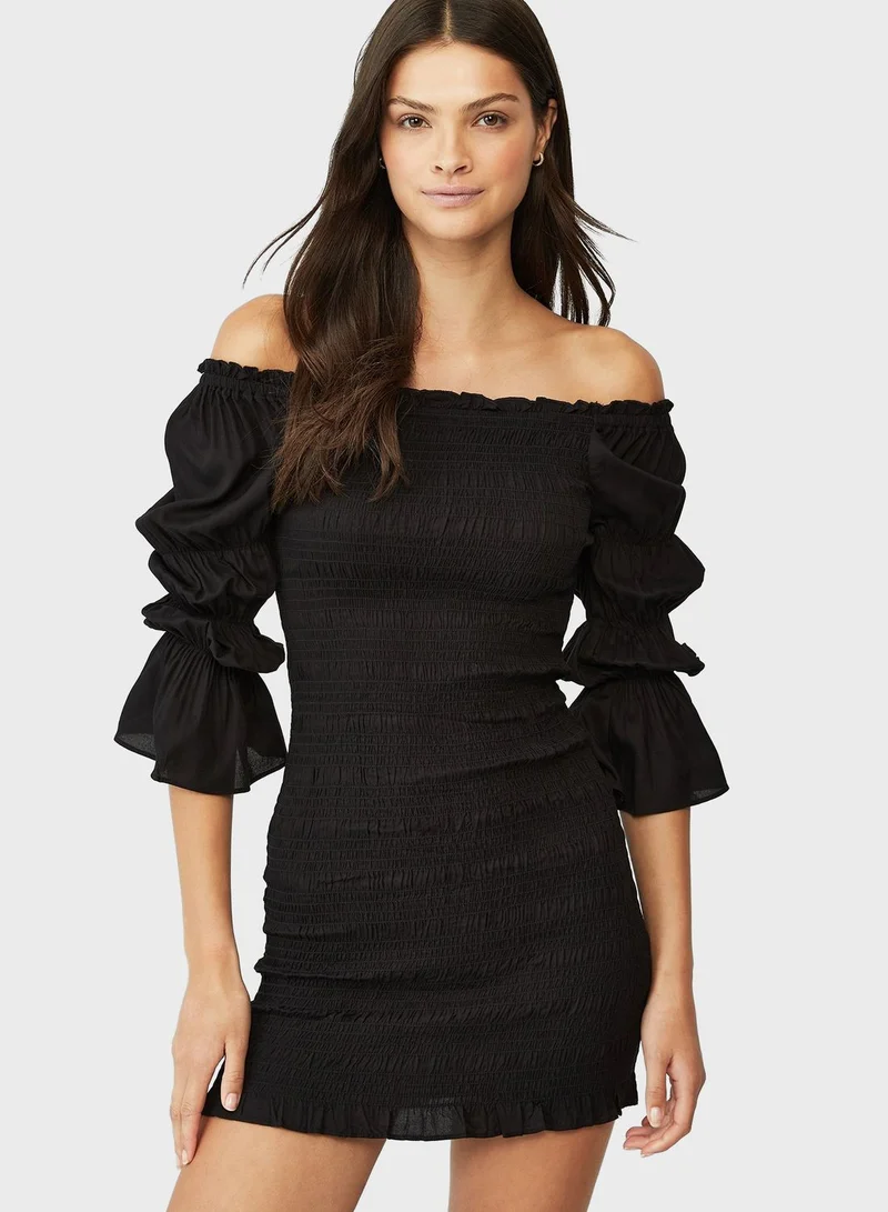 Cotton On Shirred Long Sleeves Mini Dress