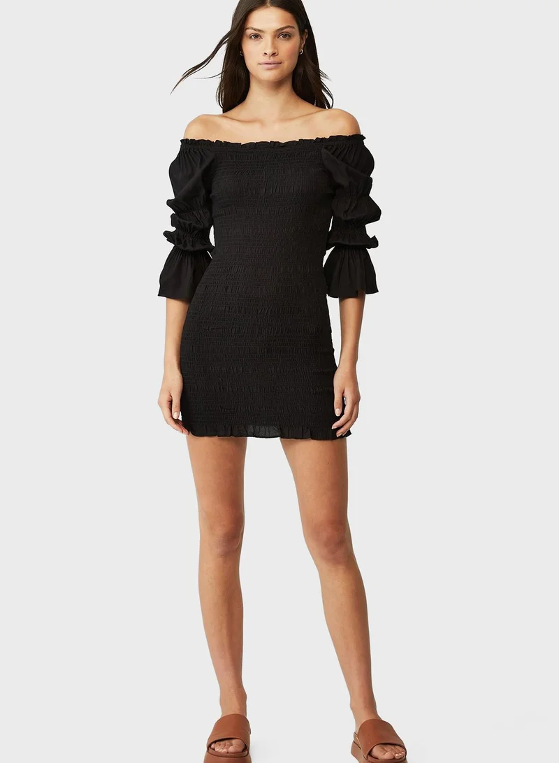 Cotton On Shirred Long Sleeves Mini Dress