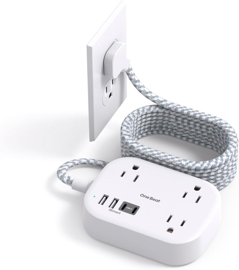 One Beat Cruise Essentials 2026,Travel Power Strip with USB C,Flat Plug Extension Cord 10 ft with 3 Outlets 4 USB Ports(2 USB C), Desk Wall Outlet Extender,Non Surge Protector for Cruise,Dorm Room,ETL-White - Image 1