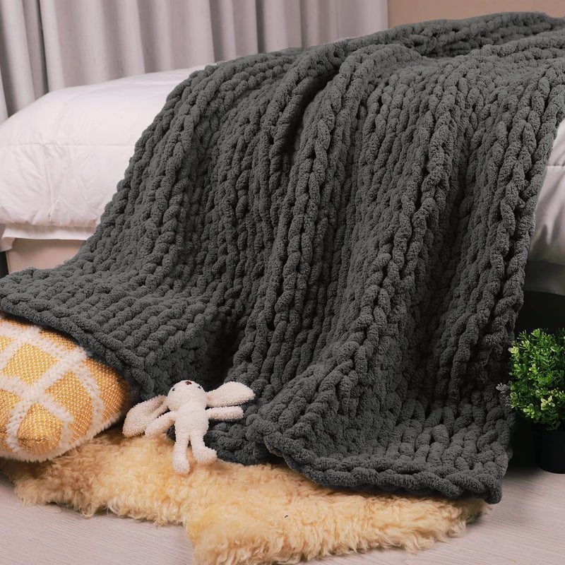 Carriediosa Carriediosa Chunky Knit Throw Blanket 60"" X 80"" Twin  100% Hand Made Large Chenille Loop Yarn Soft Fluffy Throws for Couch Sofa Bed  Big Crochet Cozy Heavy Thick Cable Woven Blanket  Dark Grey  - Image 2