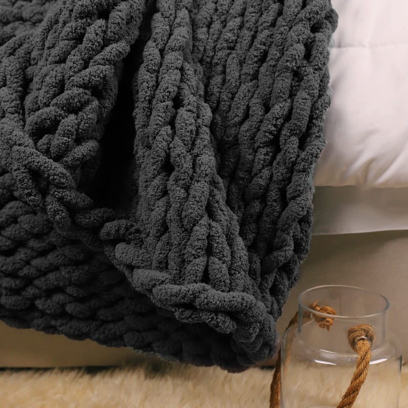 Carriediosa Carriediosa Chunky Knit Throw Blanket 60"" X 80"" Twin  100% Hand Made Large Chenille Loop Yarn Soft Fluffy Throws for Couch Sofa Bed  Big Crochet Cozy Heavy Thick Cable Woven Blanket  Dark Grey  - Image 5