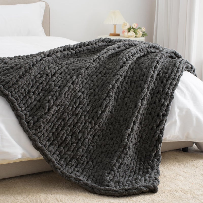 Carriediosa Carriediosa Chunky Knit Throw Blanket 60"" X 80"" Twin  100% Hand Made Large Chenille Loop Yarn Soft Fluffy Throws for Couch Sofa Bed  Big Crochet Cozy Heavy Thick Cable Woven Blanket  Dark Grey  - Image 4