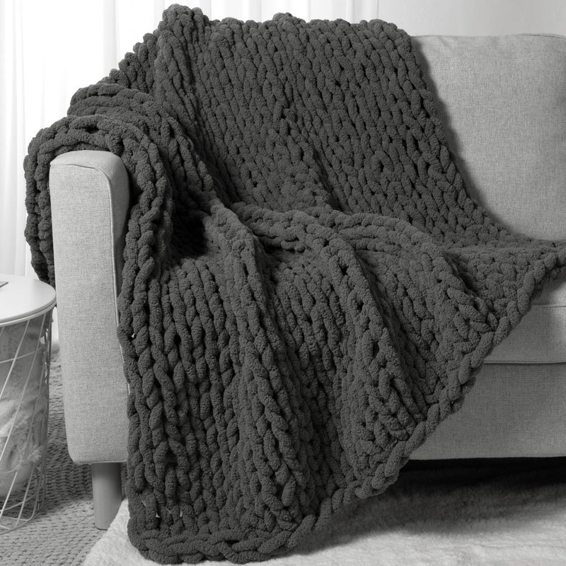 Carriediosa Carriediosa Chunky Knit Throw Blanket 60"" X 80"" Twin  100% Hand Made Large Chenille Loop Yarn Soft Fluffy Throws for Couch Sofa Bed  Big Crochet Cozy Heavy Thick Cable Woven Blanket  Dark Grey  - Image 1