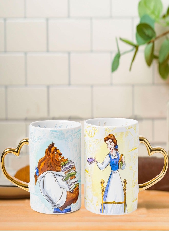 Silver Buffalo Disney Princess Beauty and the Beast Don't Mind the Books Gold Heart Shaped Handle 2 Pack Ceramic Mug Set, 14 Ounces - Image 4