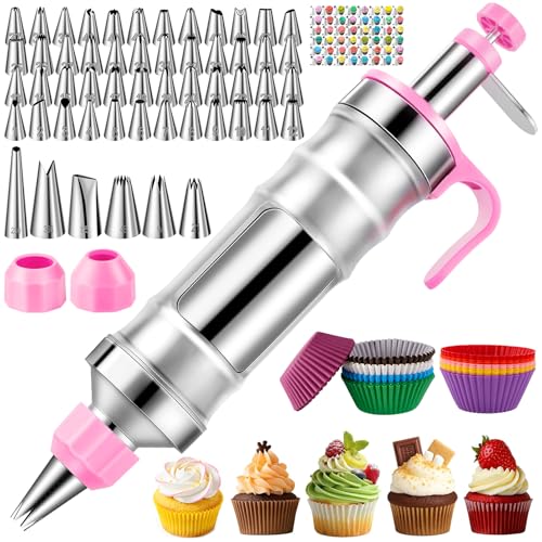 AUKOW Cake Decorating Tools Supplies Kit: 164pcs Baking Accessories, Dessert Piping Syringe and Icing Tips Set - Puffs Cupcake Frosting Piping Bakery Set for Adults Beginners or Professional, Pink - Image 1