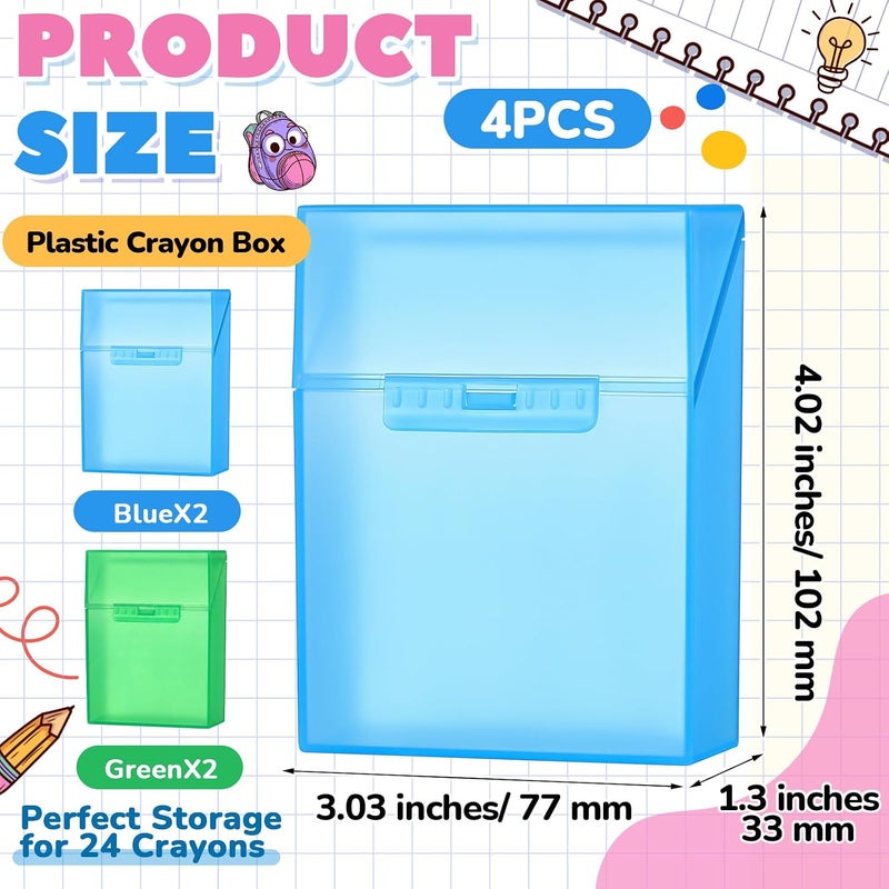 Clabby 4 Pcs Plastic Crayon Organizer Case for 24 Count Crayons Kids Art Supply Storage Box with Lid, Portable Holder for Classroom Home Travel, Fits Standard 24-Pack Crayon (Blue,Green) - Image 2