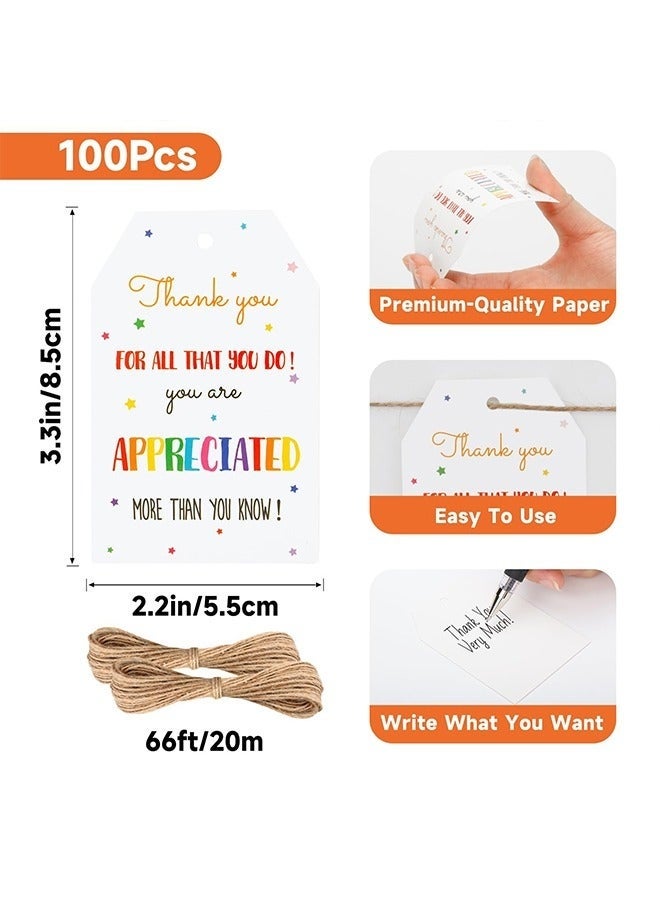 Thank You Gift Tags, 100Pcs Colorful Star Tags with String, with 20m Natural Jute Twine, Eid Al-Adha Cards, Appreciation Tags for Teachers, Employees, Volunteers, Nurses, Doctors, Ideal for Gifts and Favors - Image 2
