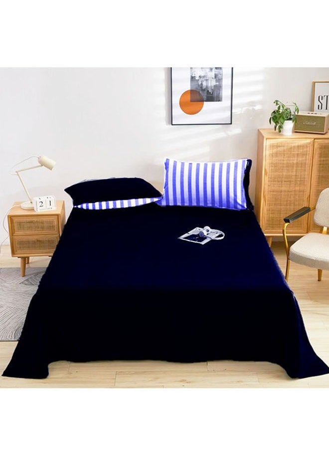 Tiba Snooze, Flat Bed Sheet double+ 2 Free Pillowcases (Dark blue striped design)  - Image 1
