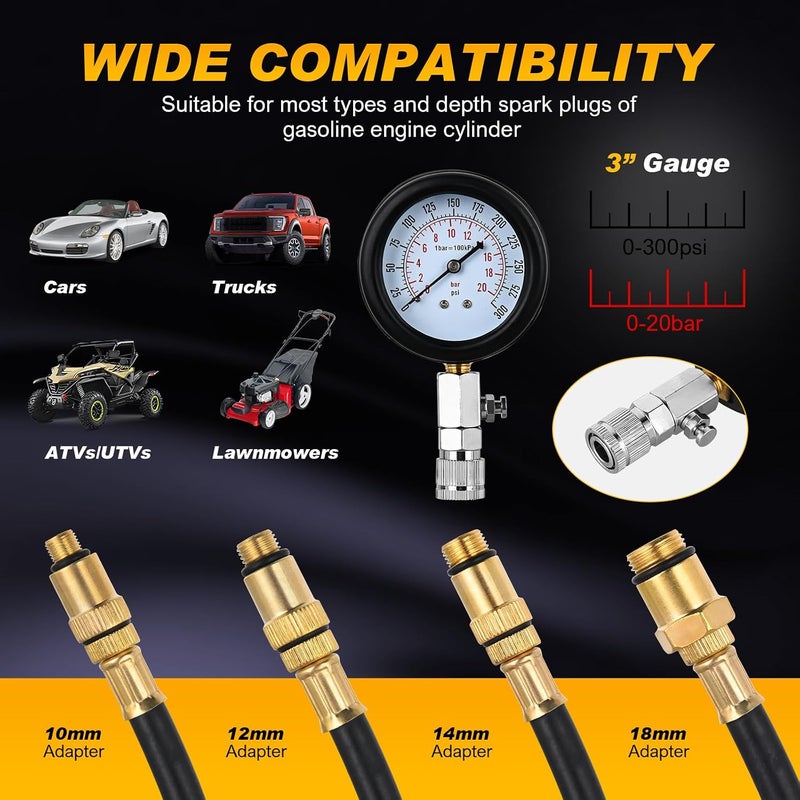 Nilight Compression Tester with Spark Plug Tester, 9PCS Petrol Gas Engine Cylinder Pressure Gauge 0-300 PSI Automotive Tool Set for Cars Trucks Motorcycles - Image 5