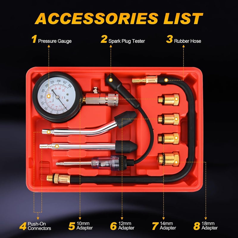 Nilight Compression Tester with Spark Plug Tester, 9PCS Petrol Gas Engine Cylinder Pressure Gauge 0-300 PSI Automotive Tool Set for Cars Trucks Motorcycles - Image 3