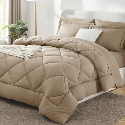 CozyLux King Size Comforter Set Taupe  7 Pieces Bed in a Bag King Luxury Soft Bed Set for All Seasons Bedding Set with Down Alternative Comforter Sheets Pillowcases  Shams