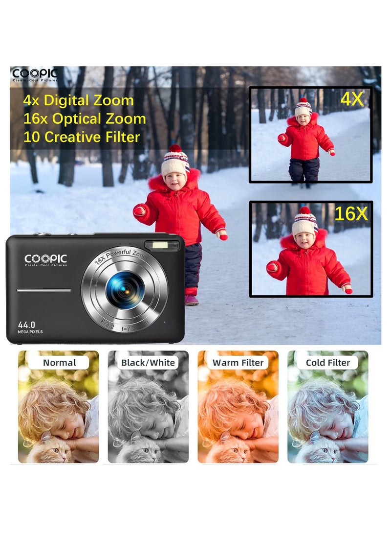 Coopic COOPIC C200 Upgraded FHD 1080P Digital Camera with Strap and 32GB SD Card 16X Digital Zoom Compact Point Shoot Portable and Small fit for Kids Teens Boys Girls Seniors- BLACK - Image 3