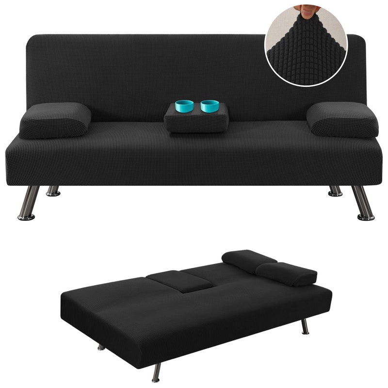 HVERSAILTEX 4 Pieces Stretch Futon Covers Sofa Bed Slipcover with Removable Armrests and Cupholders Covers Furniture Protector High Spandex Small Checks Jacquard Fabric Black