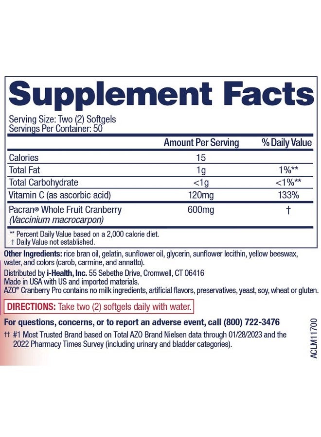 AZO Cranberry Pro, Cranberry Pills for Women & Men, 600mg Pacran, Made with Concentrated Whole Fruit Cranberry Powder to Help Cleanse and Protect The Urinary Tract*, Sugar Free, Non-GMO, 100 Softgels - Image 2