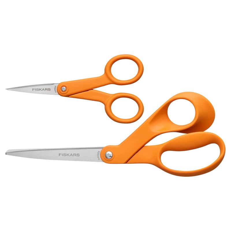 Fiskars Original Orange Handled Scissors 2-Piece Set, 5" Micro Tip and 8" Stainless Steel Scissors, Paper and Fabric Supplies for Office and Arts and Crafts Set, Orange - Image 1