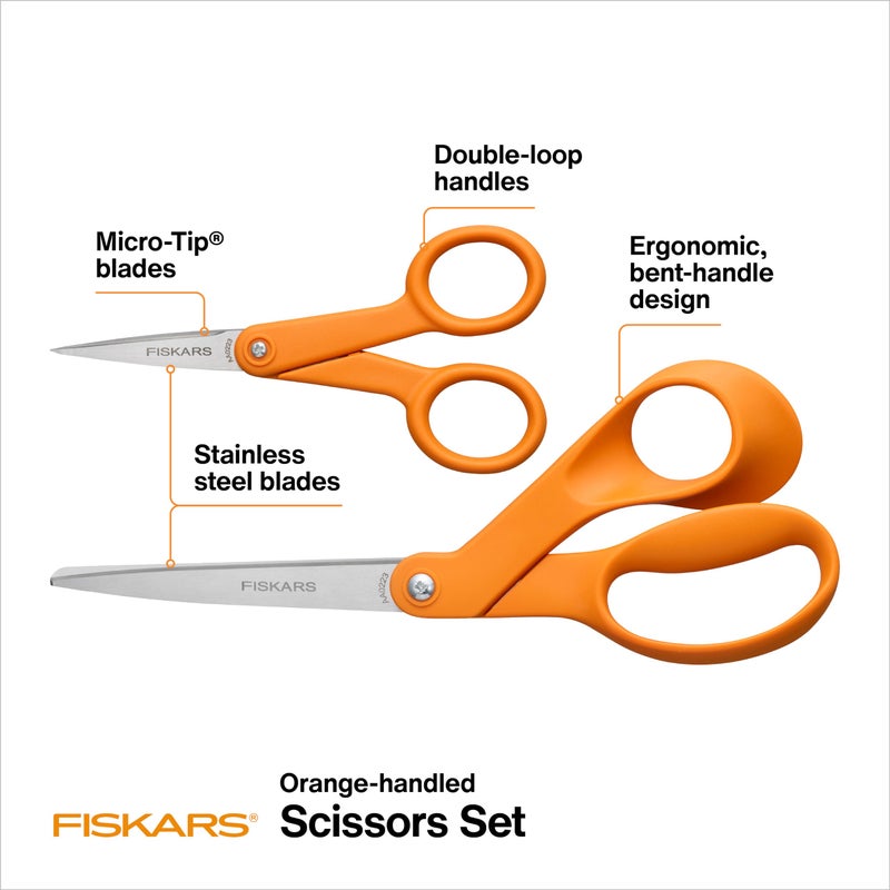 Fiskars Original Orange Handled Scissors 2-Piece Set, 5" Micro Tip and 8" Stainless Steel Scissors, Paper and Fabric Supplies for Office and Arts and Crafts Set, Orange - Image 2