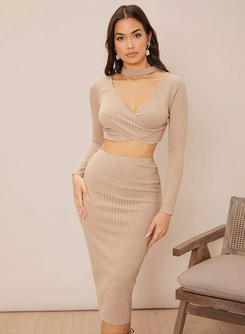 Ribbed Knit Choker Neck Wrap Crop Top & Skirt - Image 4