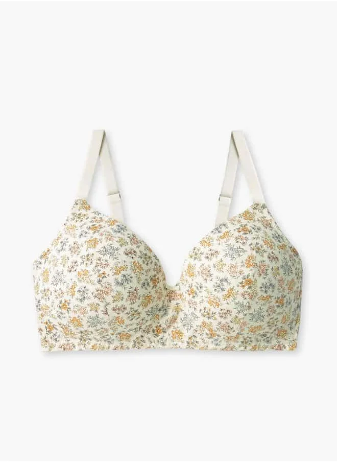 فاف Floral Print Support Bra with Bow Detail and Adjustable Straps