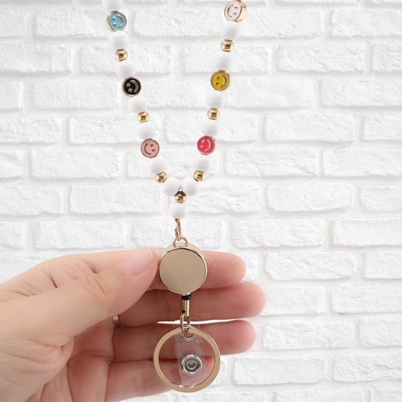 MyfavoriteK Smile Teacher Lanyard for Women with Retractable ID Badge Reel and Keychain Cute Happy Beads Lanyard (White) - Image 3