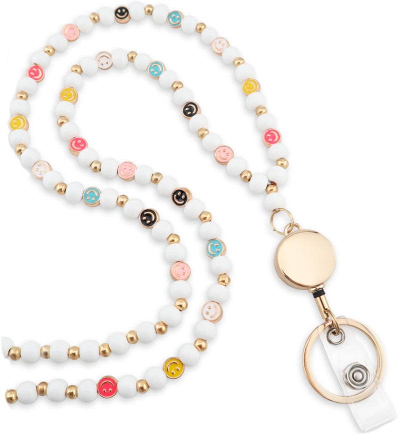 MyfavoriteK Smile Teacher Lanyard for Women with Retractable ID Badge Reel and Keychain Cute Happy Beads Lanyard (White) - Image 1