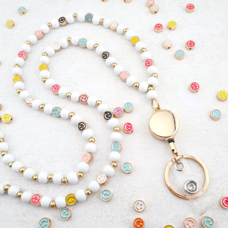 MyfavoriteK Smile Teacher Lanyard for Women with Retractable ID Badge Reel and Keychain Cute Happy Beads Lanyard (White) - Image 2