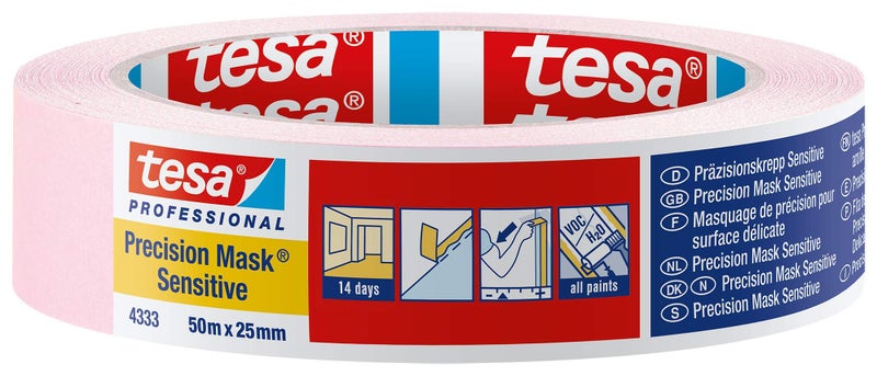 tesa UK 43330001801 Precision Sensitive, Razor Sharp Edge and Low Tack Masking Tape for Indoor Painting and Decorating, Residue Free Removal, 50 m x 25 mm, 25mm, Clear - Image 1