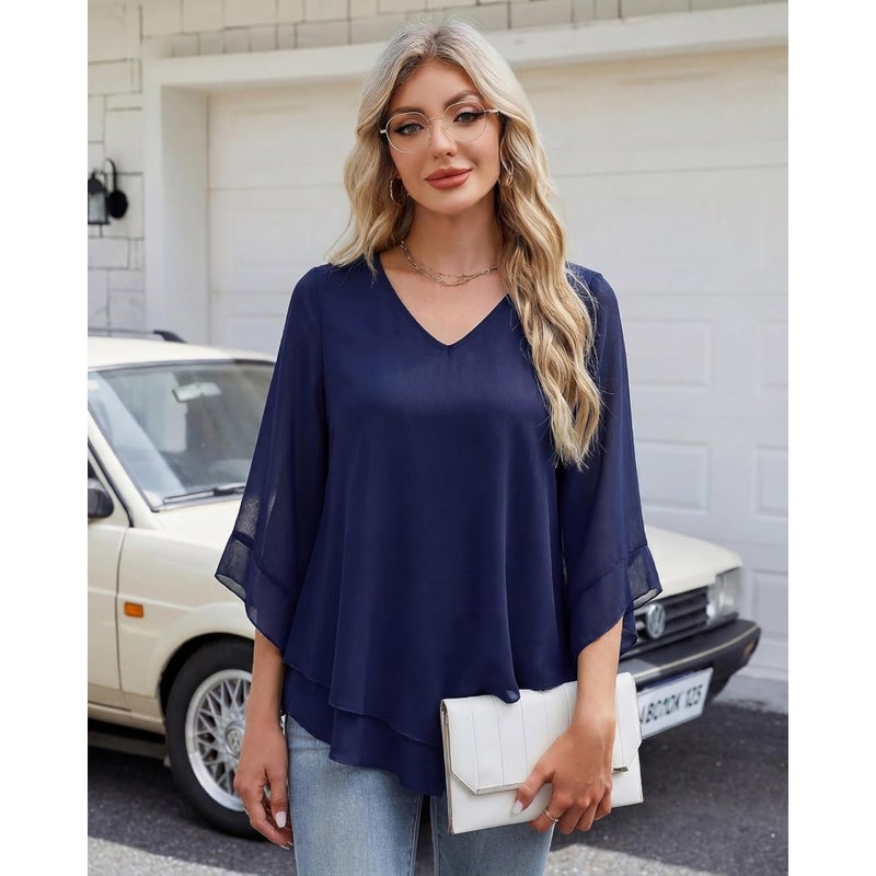 Lotusmile Women's Elegant Double-Layer Ruffle Blouse with 3/4 Bell Sleeves For Casual Office Wear Soft Polyester Blend Fabric Available in Multiple Colors Lightweight and Breathable - Image 2