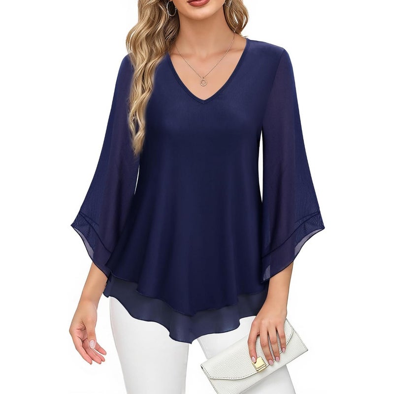 Lotusmile Women's Elegant Double-Layer Ruffle Blouse with 3/4 Bell Sleeves For Casual Office Wear Soft Polyester Blend Fabric Available in Multiple Colors Lightweight and Breathable - Image 1