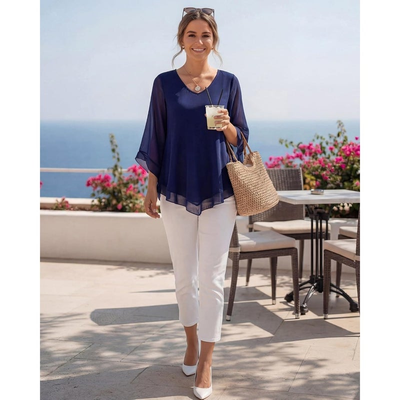 Lotusmile Women's Elegant Double-Layer Ruffle Blouse with 3/4 Bell Sleeves For Casual Office Wear Soft Polyester Blend Fabric Available in Multiple Colors Lightweight and Breathable - Image 5