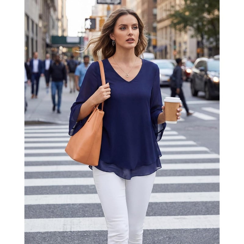 Lotusmile Women's Elegant Double-Layer Ruffle Blouse with 3/4 Bell Sleeves For Casual Office Wear Soft Polyester Blend Fabric Available in Multiple Colors Lightweight and Breathable - Image 3