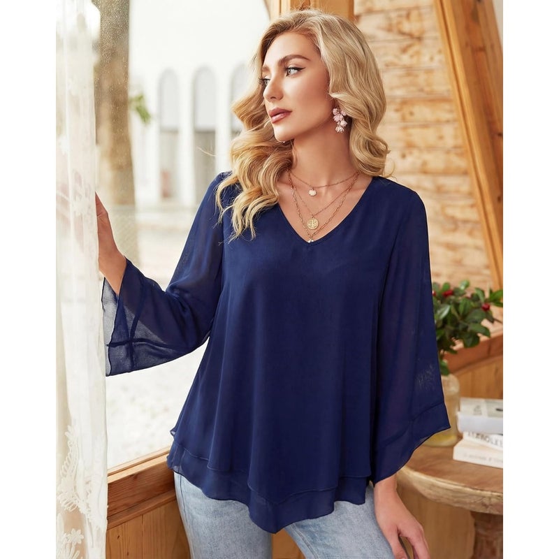 Lotusmile Women's Elegant Double-Layer Ruffle Blouse with 3/4 Bell Sleeves For Casual Office Wear Soft Polyester Blend Fabric Available in Multiple Colors Lightweight and Breathable - Image 4