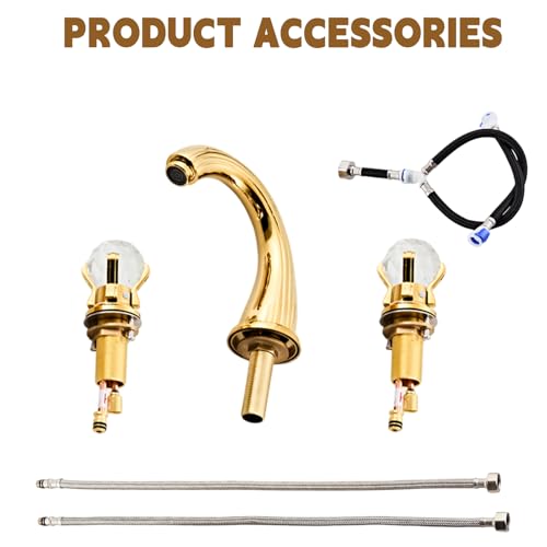 sprinkle Bathroom Sink Faucet 3 Hole Deck Mounted Widespread Brass Bathroom Faucet Crystal Handle Mixer Tap Gold Ti-PVD (Gold) - Image 3